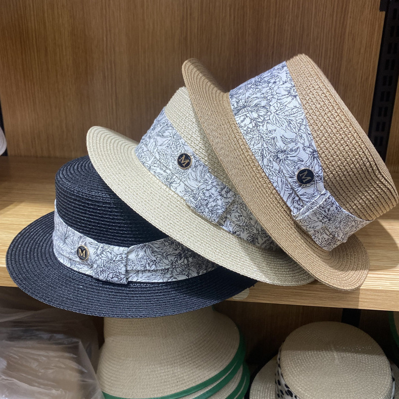 2022 Fashionable Summer Straw Hat for Women, Sunshade Hat, Flat Top, m Logo Print, Sun Hat for Adults, Casual and Versatile, Sun Protection