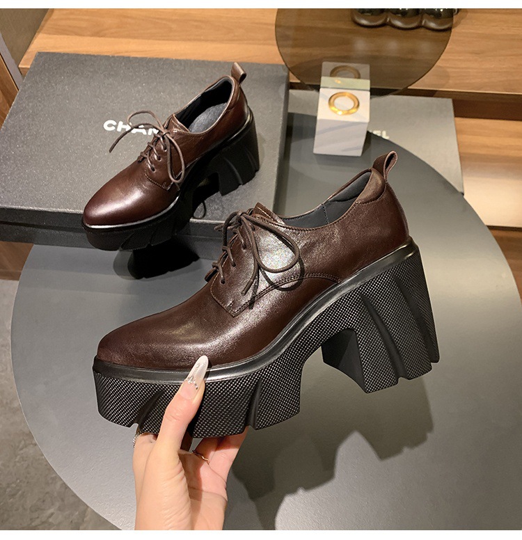 Giày loafer nữ đế xuồng cao gót buộc dây da bò thật — màu nâu chi tiết 14