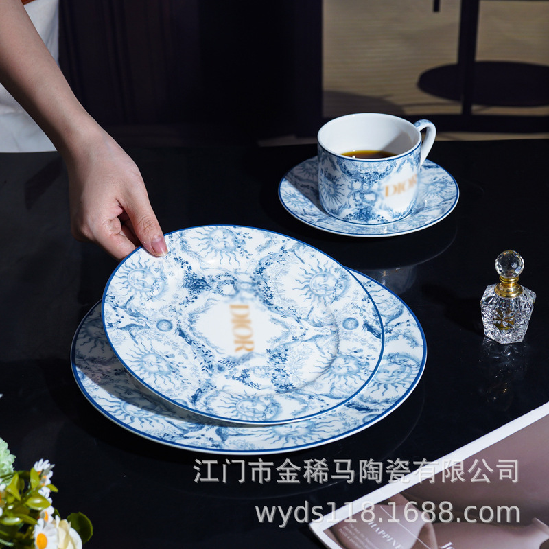 Cross-Border New Bone China Western Dinner Plate Poseidon Blue and White Hotel High-End Serving Plate Retro Household Plate Oven Available