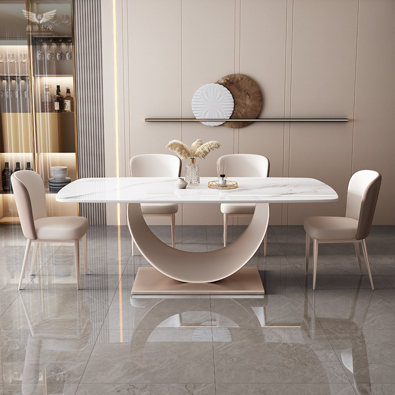 Mesa de comedor moderna de lujo ligera simple y europea, mesa de comedor de tabla de roca y silla combinada, mesa de comedor rectangular de piso grueso duradera y luminosa