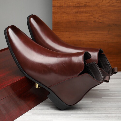 Chelsea boots with high tops, leather boots for men, pointed toe, British style, wind-resistant mid-sole boots.