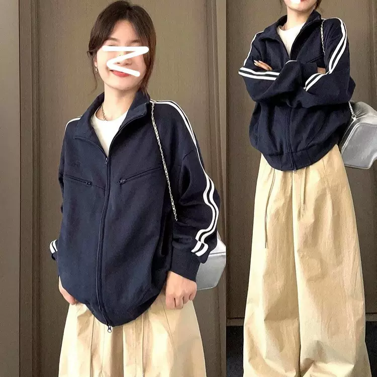 藏蓝色两条杠立领女夹克卫衣外套初秋季2025新款校园运动上衣爆款
