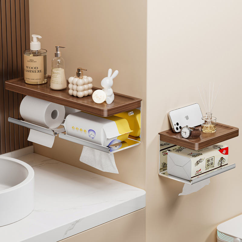 304 Stainless Steel Walnut Bathroom Storage Rack Paper Towel Holder Punch-Free Wall-Mounted Paper Towel Roll Toilet