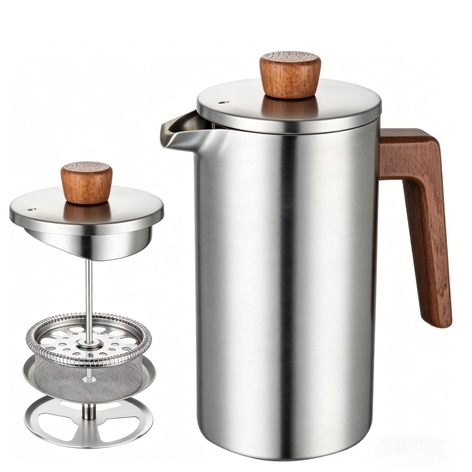 Solid wood handle, large capacity, stainless steel coffee pot for home and camping, French press, teapot, universal for home use