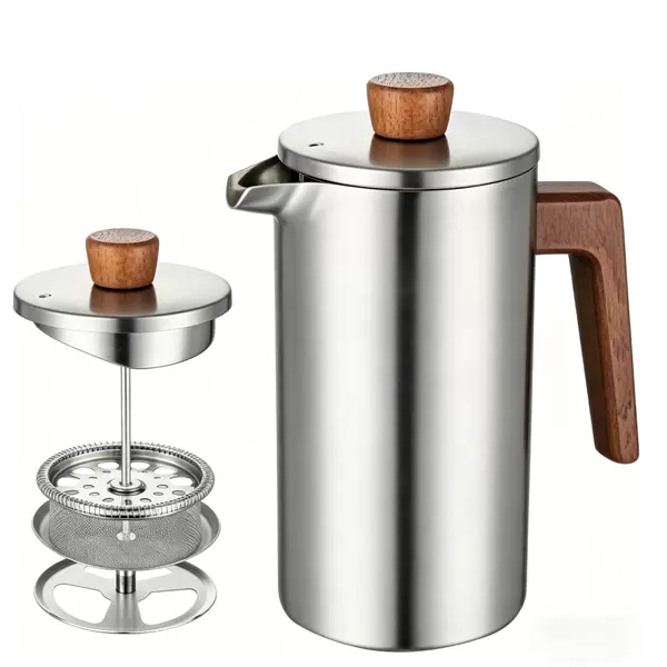 Solid wood handle, large capacity, stainless steel coffee pot for home and camping, French press, teapot, universal for home use