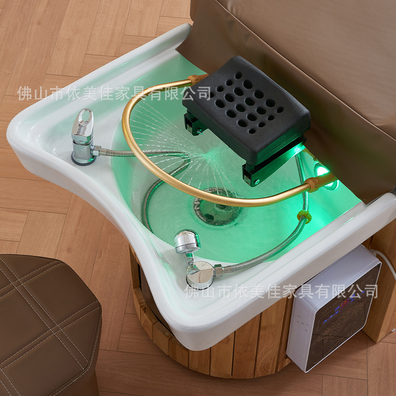 Todo el estilo tailandés de madera maciza reclinar barbería barbería cabello cama de tratamiento de pies de cerámica de alta gama en la cama de lavado de cabello