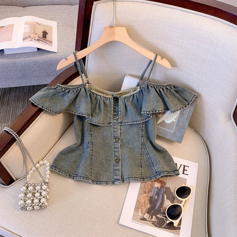Design Sense Niche Ruffled off-shoulder Denim Shirt Women's Summer New French Style Stylist Age-reducing Sling Shirt Design Sense Niche Ruffled off-shoulder Denim Shirt Women's Summer New French Style Stylist Age-reducing Sling Shirt