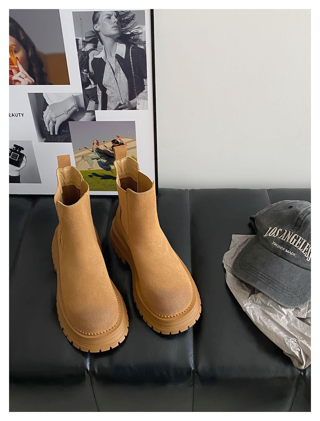 Retro all-in-one platform booties Women's new ankle boots with thick heel elastic sanded leather boots_voghion.com