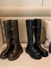 爱格琳淘宝牛皮葡萄妈不过膝靴女秋冬皮带扣瘦瘦长筒靴西部骑士靴