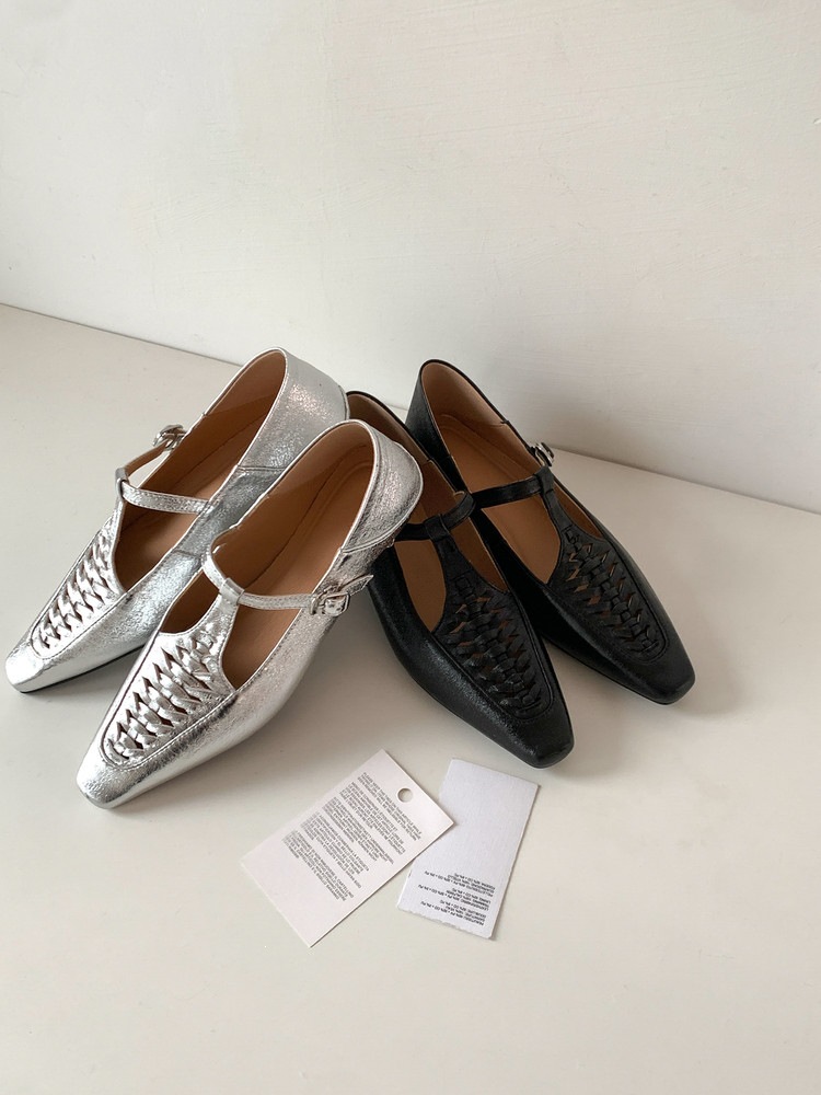 Giày Mary Jane nữ đan T-Strap da thật mũi vuông đế bệt — màu đen, bạc chi tiết 60