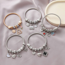 欧美爆款银色儿童手镯可调节手工可搭配图案吊坠轻奢风手镯手链批