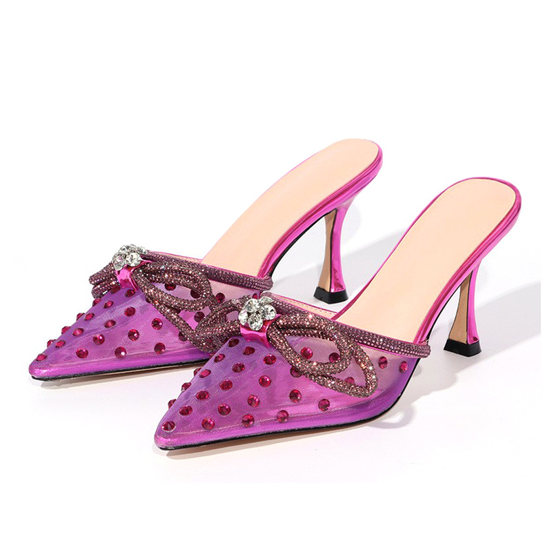 2023 European and American Foreign Trade Spring and Summer Rhinestone Bow All-match Sandals Pointed Muller Shoes High Heel Thin Heel Transparent Slippers