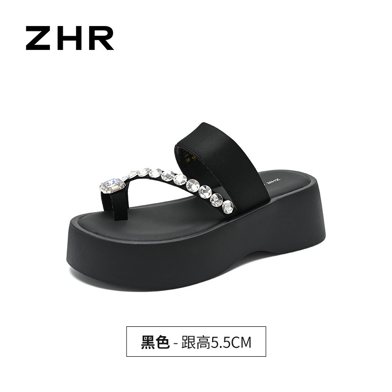 Sandal nữ đế dày tăng chiều cao đính đá lấp lánh phong cách Hàn Quốc — KN333 Đen