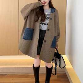 跨境女装秋冬新款连帽牛仔拼接毛衣女时尚休闲中长款针织开衫外套