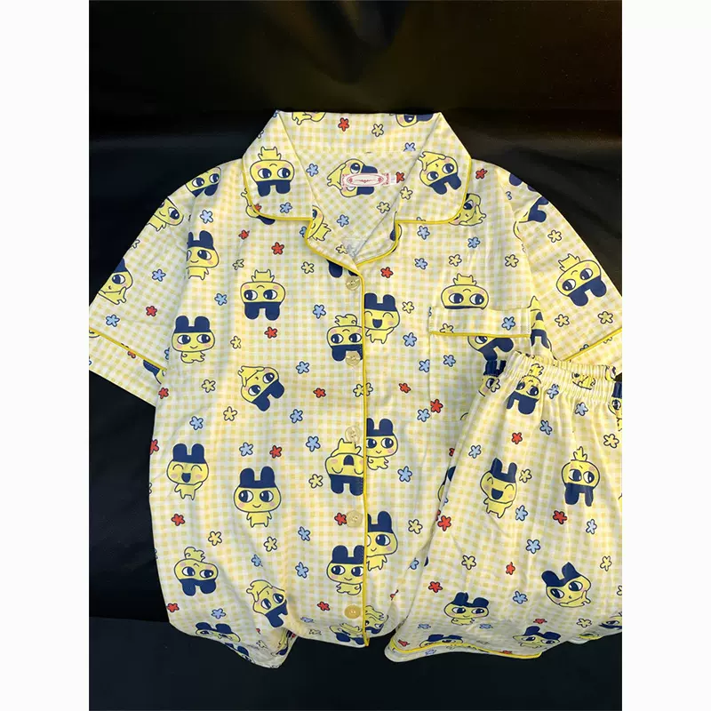 甜美黄色格纹拓麻歌子卡通睡衣女夏季短袖短裤两件套学生家居服
