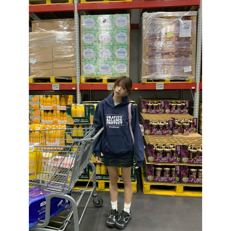 美式复古连帽卫衣女早秋字母印花藏青色薄款帽衫外套宽松情侣上衣|undefined