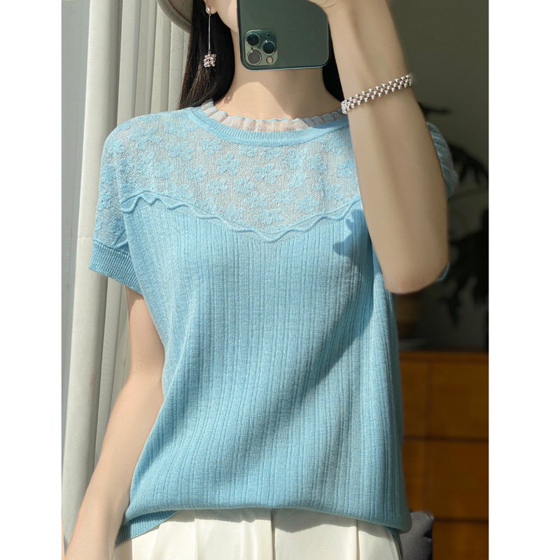 Cross-Border Summer New Style Lace Round Neck Knitted Short-Sleeved Style Jacquard Pullover Slimming Look Knitwear Top 20