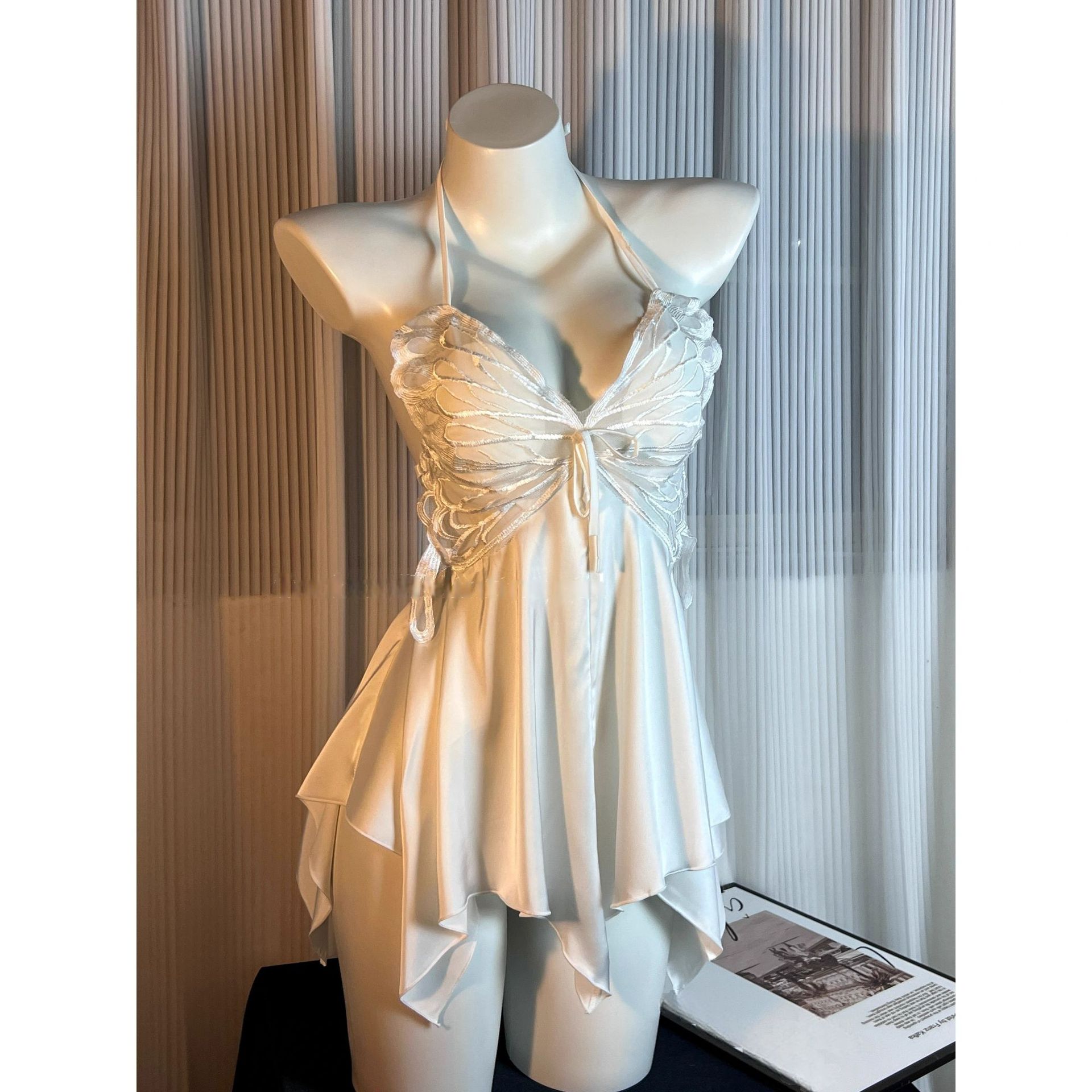 Sexy Pajamas Women's Ice Silk Sling Butterfly Lace Belt Chest Pad Pure Desire High-end Style Dating Battle Gown Nightgown Women's Summer