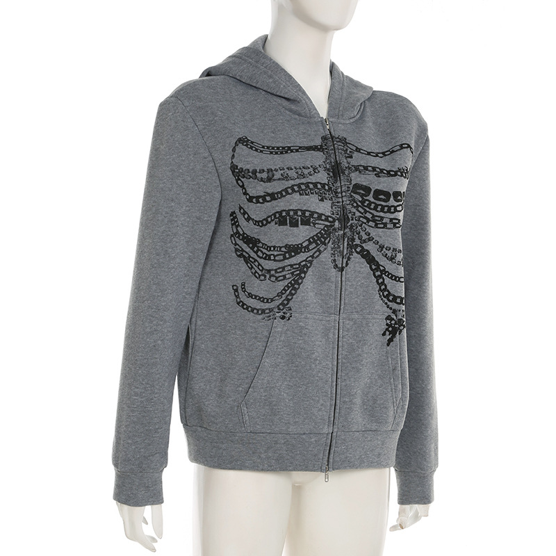 Culture Chain Bone Print Loose Hooded Sweatshirt Sexy Street Niche Casual Zipper Thin Coat