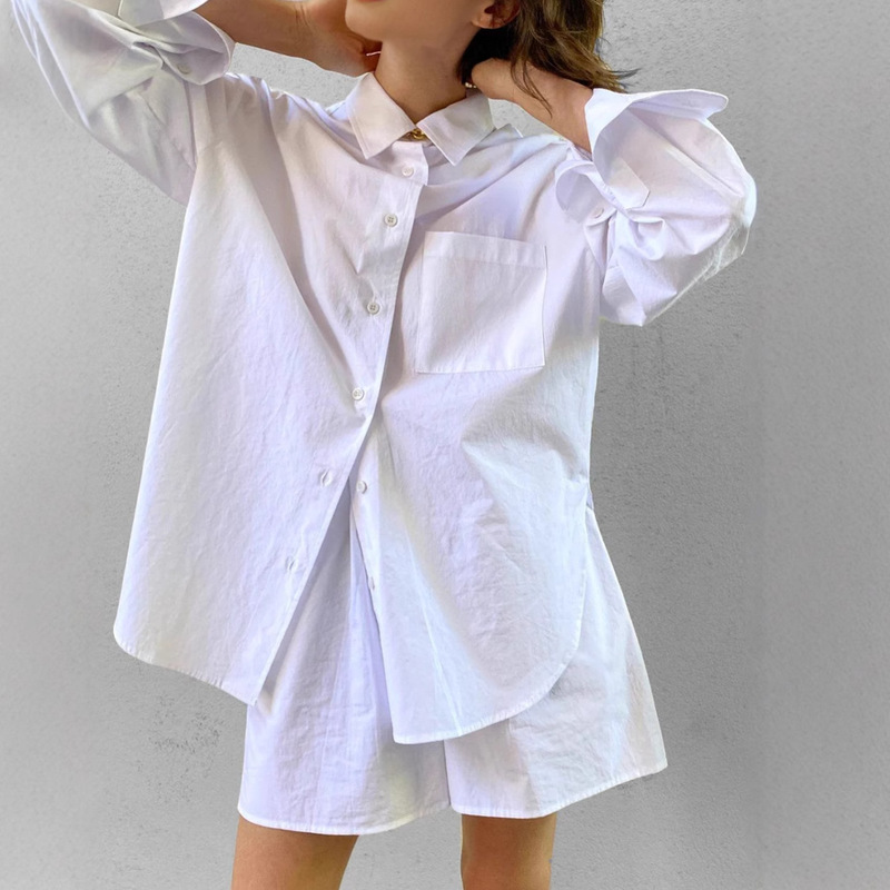 Simple Lazy Style 2025 New White Loose Shirt Top Shorts suit Long Sleeve European and American Cross-border Two-piece Set