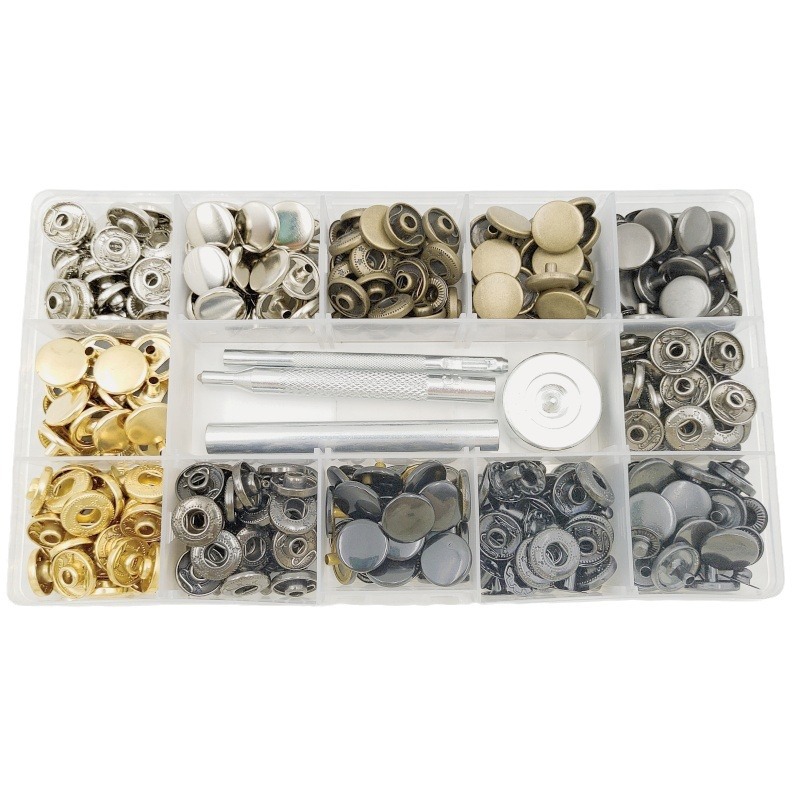 120 sets 12.5mm633 hebilla de cuatro juntas botón de metal de cobre + herramienta de instalación botón redondo oscuro Botón de uñas sin costuras