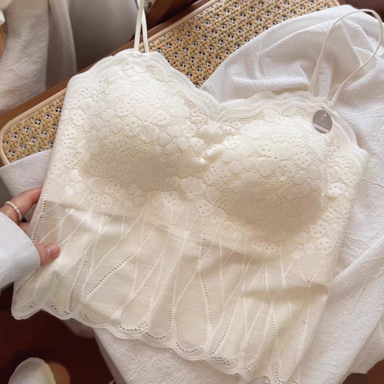 【T00】French Lace Beauty Strap Camisole with Chest Pads, Can Be Worn Outside, Fixed Cup, Wrap Chest, Thin Shoulder Strap Lingerie