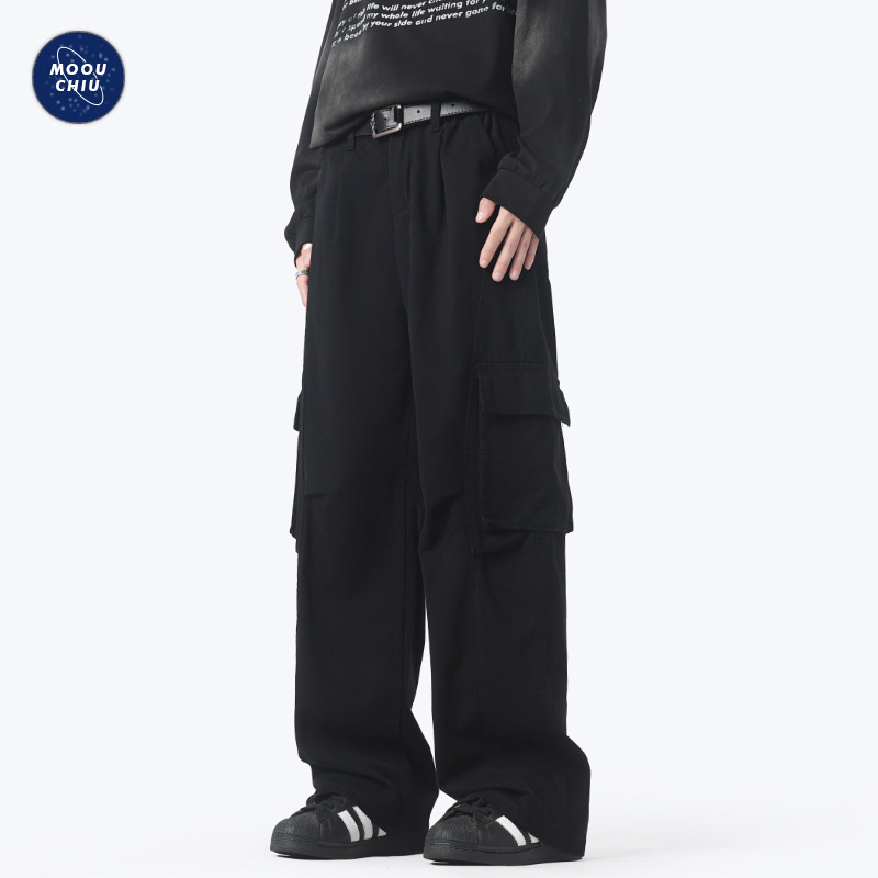 Muqiu Men's Wear ∠ American Vintage Washed Casual Crowdwork Pants Men's vintage Trendy Brand Wide-leg Stitching Pants