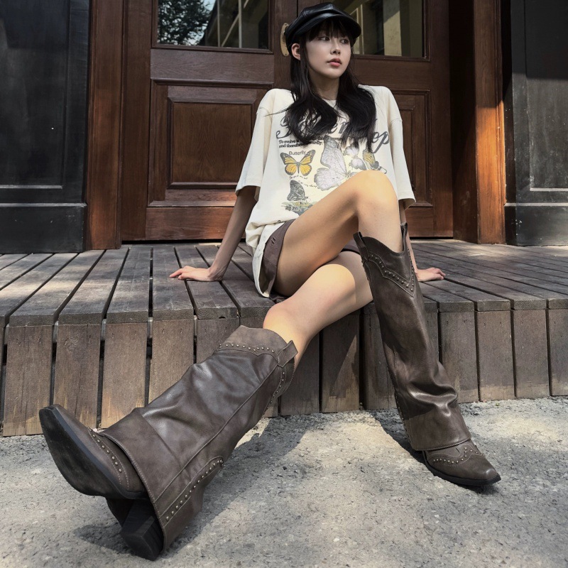 2025 Spring and Autumn Season New Pointed Rivet Trouser Sleeve Show Slim Western Cowboy Boots Thick Heel Side Zipper_voghion.com