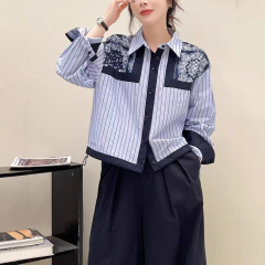 85082 条纹刺绣尖领棉质单排扣长袖衬衫 女2025秋装新款显瘦上衣