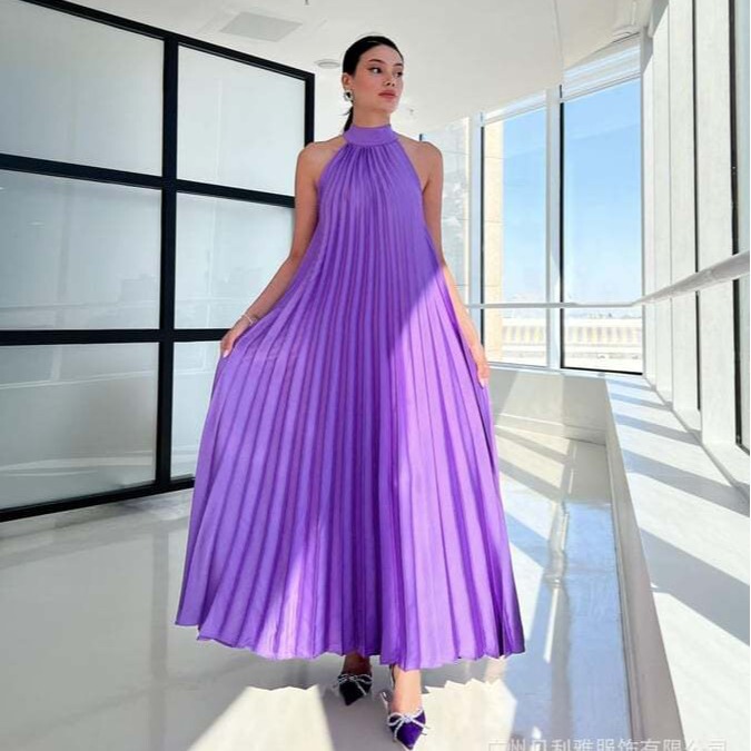 European and American Amazon cross-border foreign trade popular spring and summer elegant pleated large swing pullover buckle loose women's clothing dress European and American Amazon cross-border foreign trade popular spring and summer elegant pleated large swing pullover buckle loose women's clothing dress