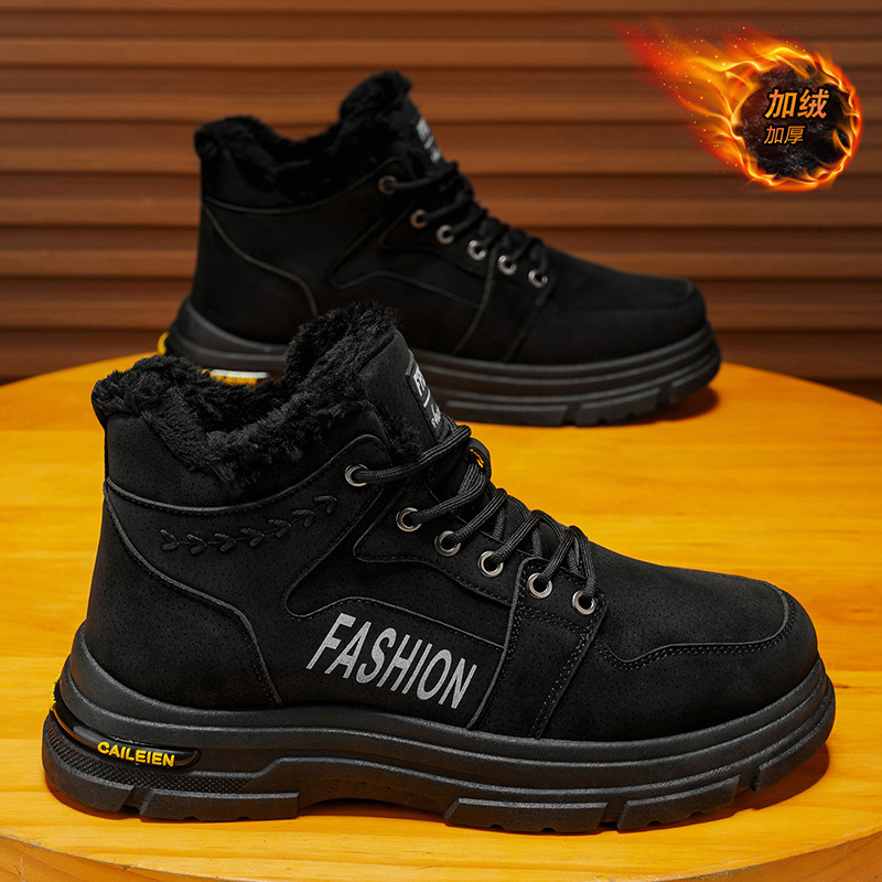 Winter Men's Shoes, Fleece-Lined High-Top Work Shoes, Trendy And Versatile, Thick-Soled, Non-Slip, Extra-Thick, Warm Cot_vogvips.com