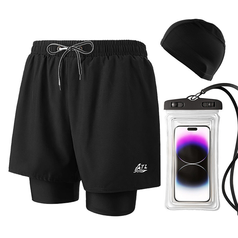 블랙 쓰리피스 슈트(수영복, 수영모, 휴대폰 가방)