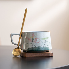 兄窯コーヒーカップスプーン付き手描きハスの花陶磁器カップとコースター家庭用コップ新中国式陶磁器プレゼント