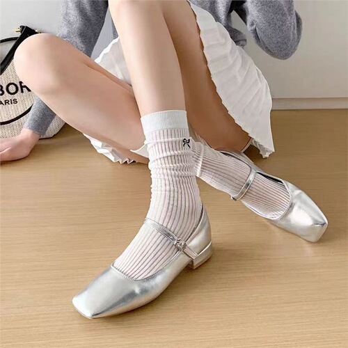 Summer butterfly knot girl medium thickness holes ultra-thin miu style solid color women's socks versatile mesh anti-slip stack socks