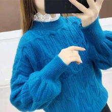 俊6803学院风假两件毛衣女新款蕾丝领慵懒风宽松套头打底针织衫秋