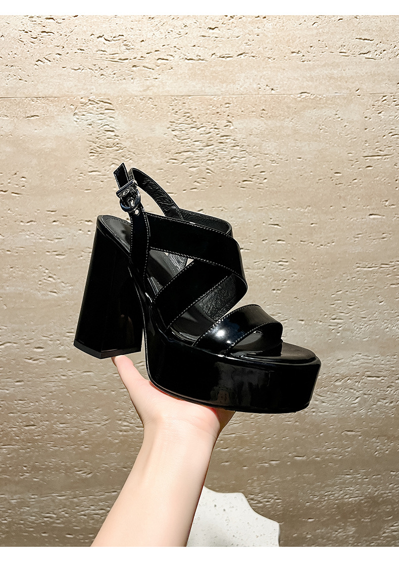 Sandal cao gót nữ quai ngang hở mũi đế xuồng dày gót vuông 9 cm — màu đen, màu trắng ngà chi tiết 16