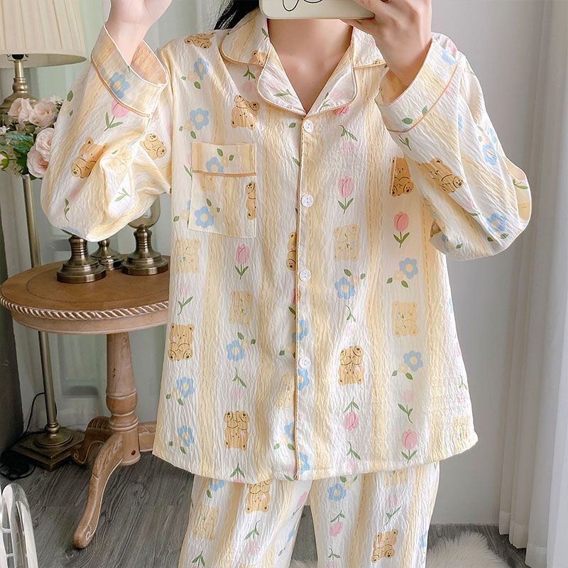 Al por mayor transfronterizo otoño nuevo pijama de algodón nublado, cardigan de manga larga, pantalones largos de dos piezas, ropa para el hogar se puede usar fuera