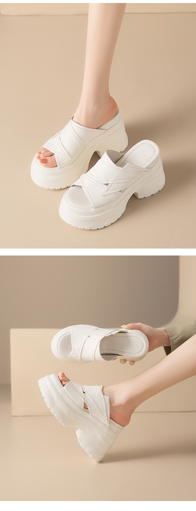 Dép sandal nữ quai ngang đế tăng 12 cm da bò mặt — màu đen, Trắng kem- chi tiết 10