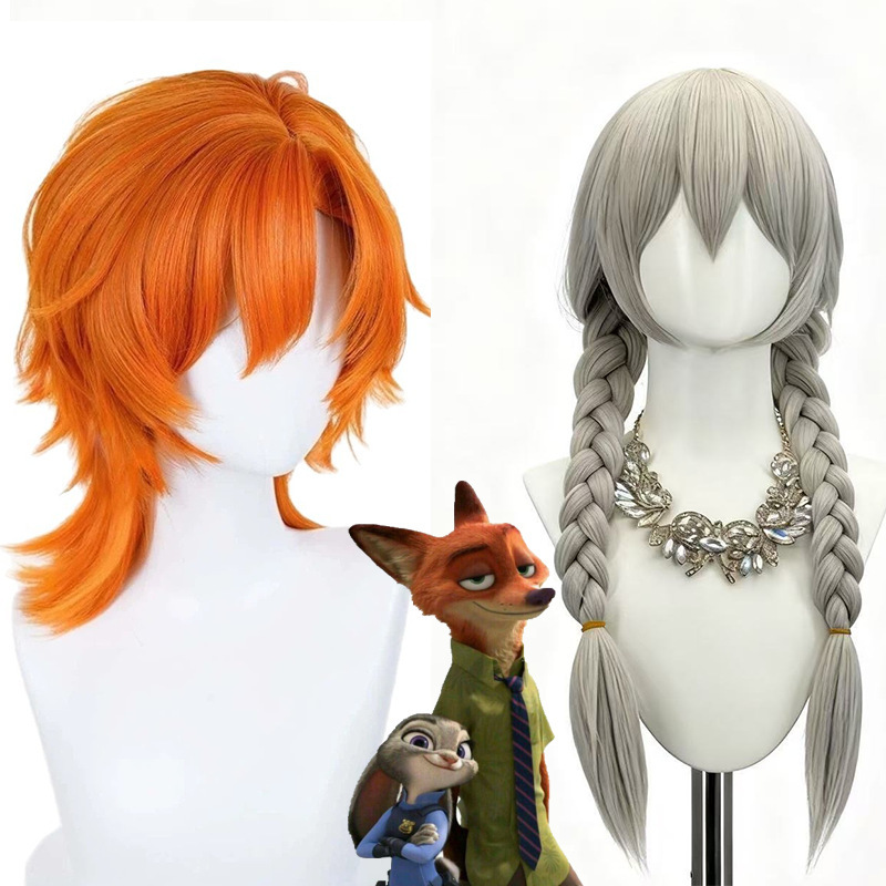 Zootopia 2 Anime Nick and Judy Cosplay Wig, Orange Granny Gray Double Ponytail Full Head Wig