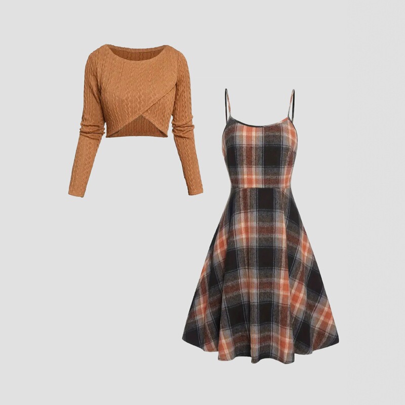 2025 New Summer Women's Two-Piece Suit Knitted Long-Sleeved Top Plus Personalized Plaid Dress-Xw144