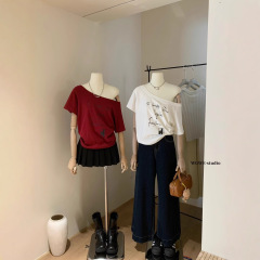 【WGWE】5291アメリカンギャル斜め肩半袖tシャツ夏新品アルファベットプリントカジュアルゆったり见せ痩せ