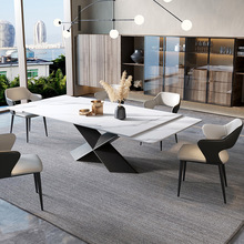 岩板餐桌长方形可伸缩抽拉延伸现代家用饭桌设计师亮光岩板餐桌椅
