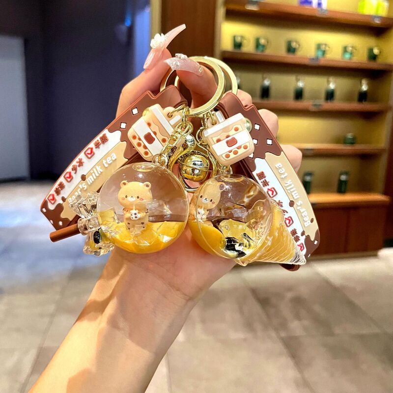 Oil-Filled Floating Pearl Milk Tea Cup Bear Keychain Couple Bag Small Pendant Car Keychain Gift Wholesale