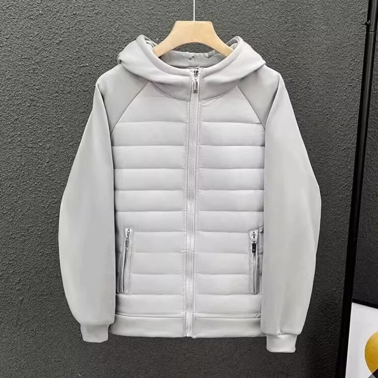 Hooded light fashion men's autumn and winter 2024 new fashion brand flow short stitching fleece-lined thick coat Hooded light fashion men's autumn and winter 2024 new fashion brand flow short stitching fleece-lined thick coat