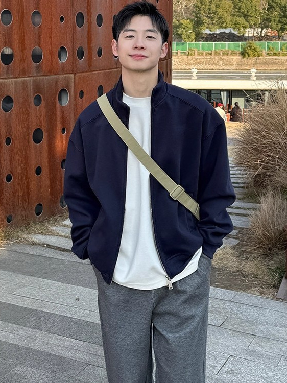 重磅藏青色短款立领卫衣开衫男春秋季2025新款上衣外套休闲宽松潮|undefined