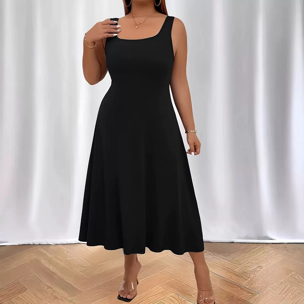 2025跨境亚马逊大码新款夏季无袖纯色U字领气质性感休闲连衣裙
