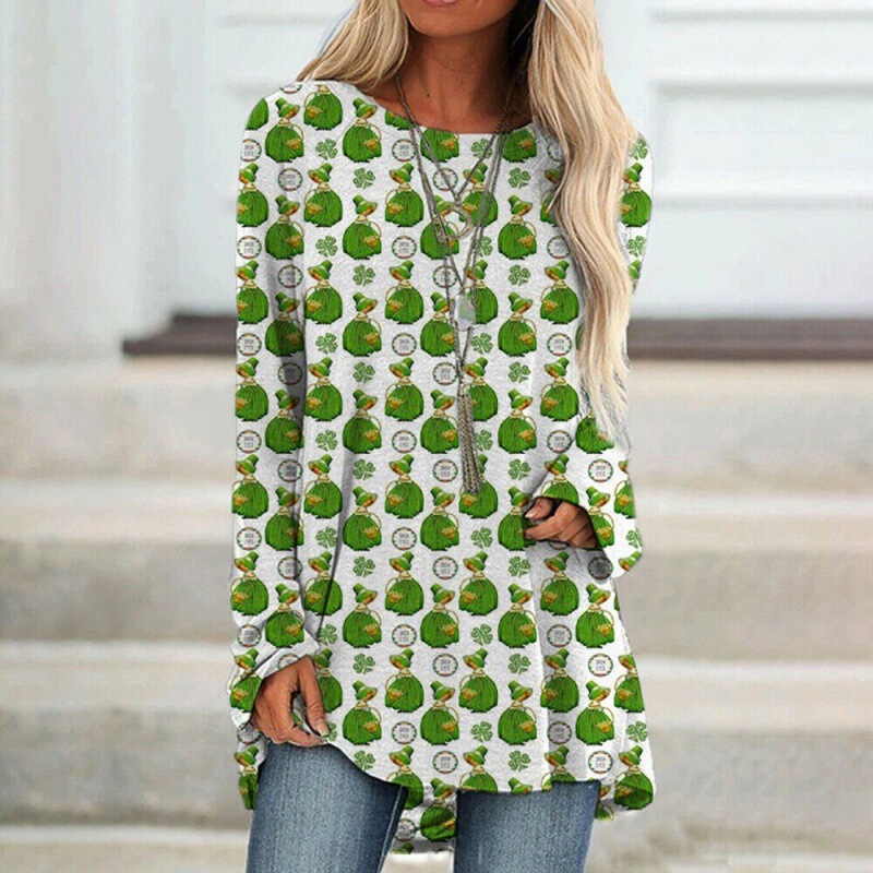 2024 Spring New ST. PaTrick Irish FesTival 3D PrinTeD Lucky Clover RounD Neck Loose Long Sleeve T-shirT