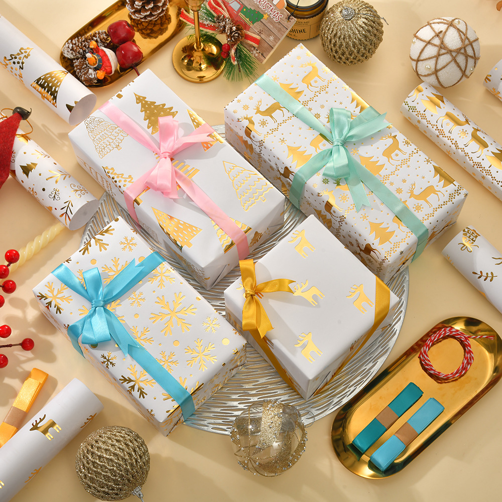Navidad nuevo brillante papel de bronce estampado árbol de Navidad copo de nieve regalo de Navidad papel de embalaje de regalo al por mayor
