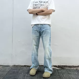 AUTICUP冰蓝奶油色517微喇宽松阔腿水洗vintage牛仔裤赛洛纺直筒