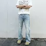 宽松微喇水洗直筒牛仔裤